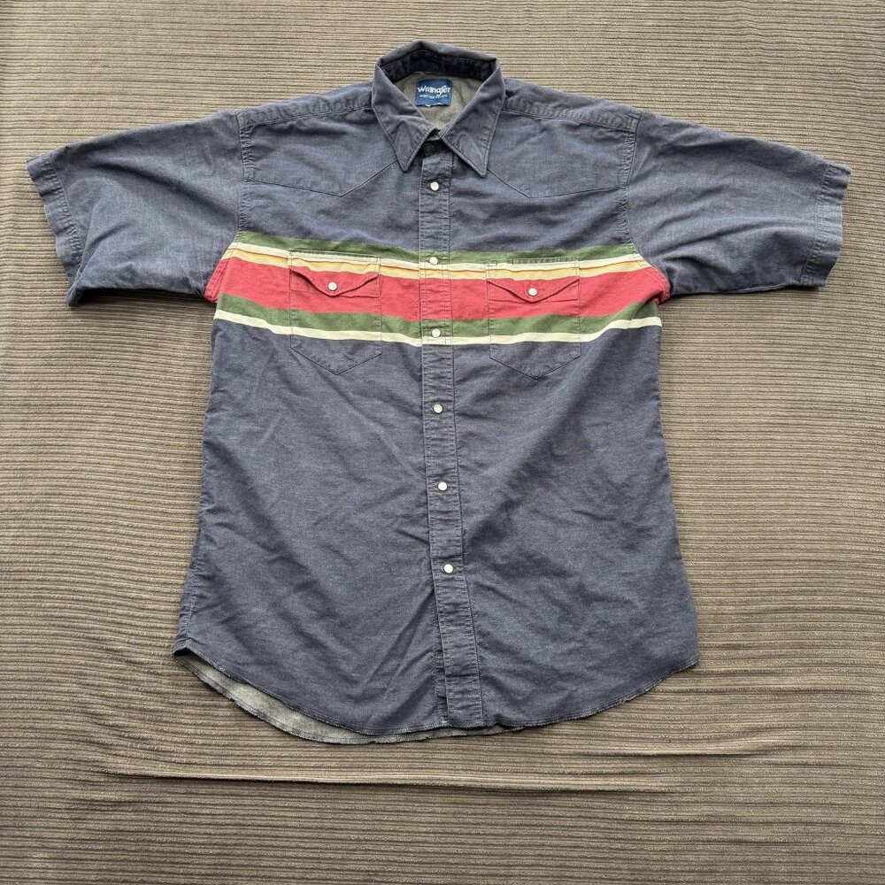 Vintage Wrangler Shirt Mens Large Blue Western Pearl Snap Stripe Rodeo